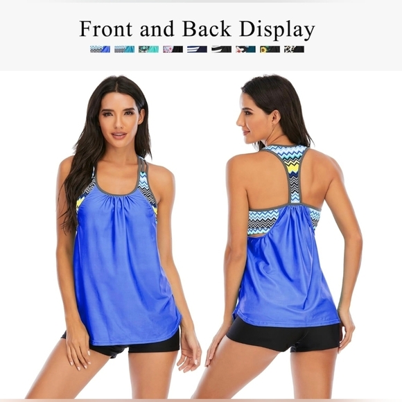 Swim Suit Side Racer Back Striped Printed Strappy T-Back Tankini Top Size Large - Picture 14 of 14